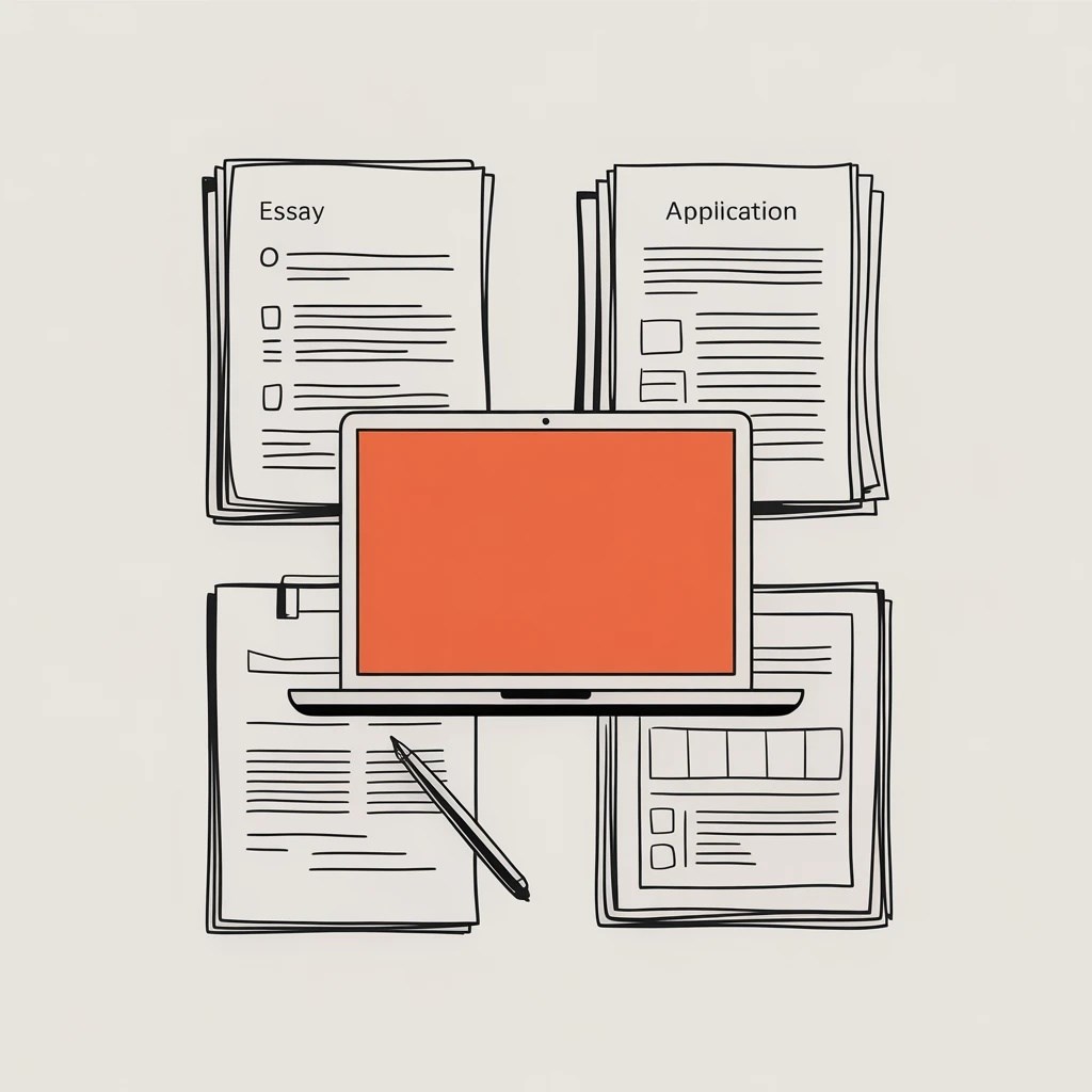 Illustration of application papers and a laptop on a desk
