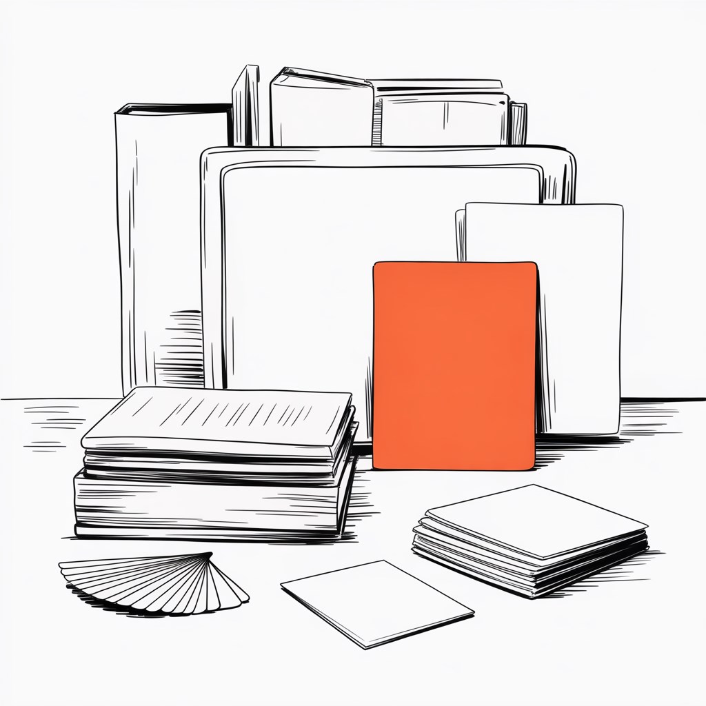 Illustration of books, folders and a card deck standing together