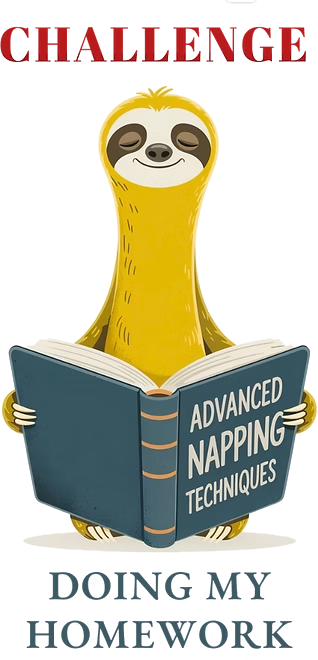 An Unslack Challenge card: a sloth reading a book titled Advanced Napping Techniques, captioned &ldquo;doing my homework&rdquo;